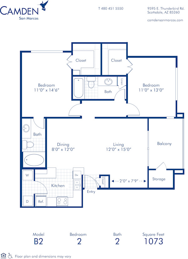 Blueprint of B2 Floor Plan, 2 Bedrooms and 2 Bathrooms at Camden San Marcos Apartments in Scottsdale, AZ