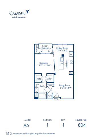 Blueprint of A5 Floor Plan, Apartment Home with 1 Bedroom and 1 Bathroom at Camden Main and Jamboree in Irvine, CA