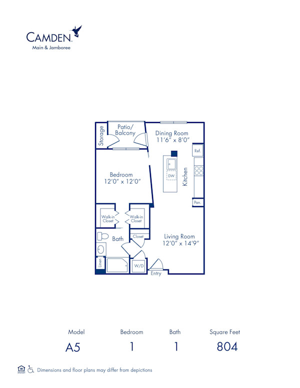 Blueprint of A5 Floor Plan, Apartment Home with 1 Bedroom and 1 Bathroom at Camden Main and Jamboree in Irvine, CA