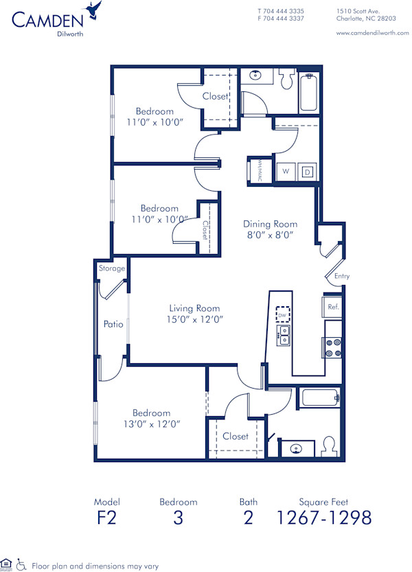 Blueprint of F2.2 Floor Plan, 3 Bedrooms and 2 Bathrooms at Camden Dilworth Apartments in Charlotte, NC