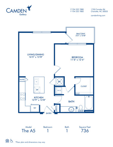 Blueprint of A5 Floor Plan, 1 Bedroom and 1 Bathroom at Camden Gallery Apartments in Charlotte, NC