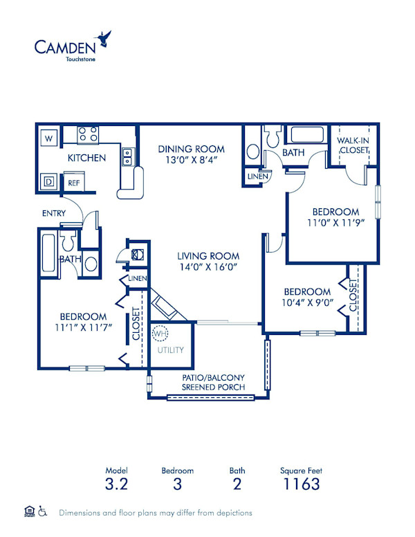 Blueprint of 3.2 Floor Plan, 3 Bedrooms and 2 Bathrooms at Camden Touchstone Apartments in Charlotte, NC