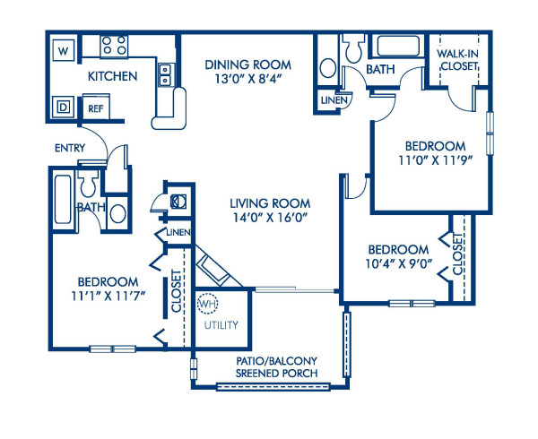 Blueprint of 3.2 Floor Plan, 3 Bedrooms and 2 Bathrooms at Camden Touchstone Apartments in Charlotte, NC