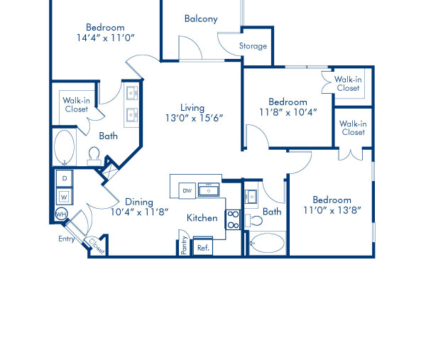 Blueprint of Verona Floor Plan, 3 Bedrooms and 2 Bathrooms at Camden LaVina Apartments in Orlando, FL