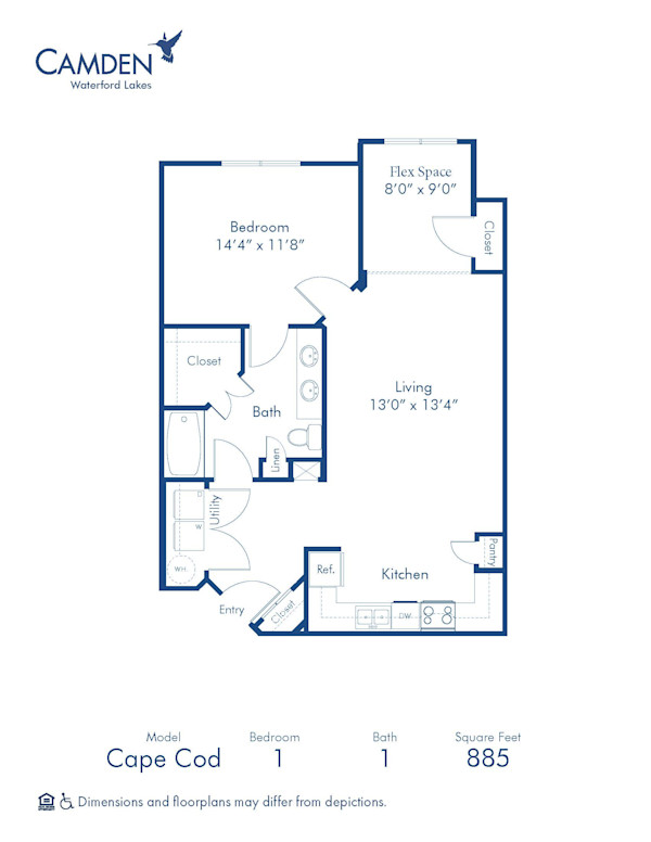 Blueprint of Cape Cod Floor Plan, 1 Bedroom and 1 Bathroom at Camden Waterford Lakes Apartments in Orlando, FL