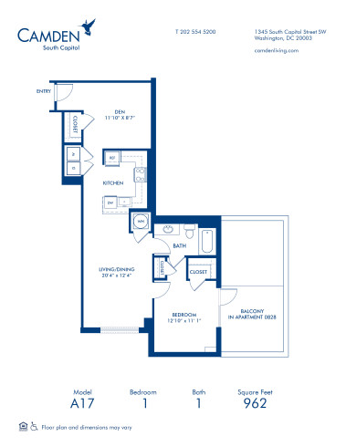 Blueprint of A17D Floor Plan, 1 Bedroom and 1 Bathroom at Camden South Capitol Apartments in Washington, DC