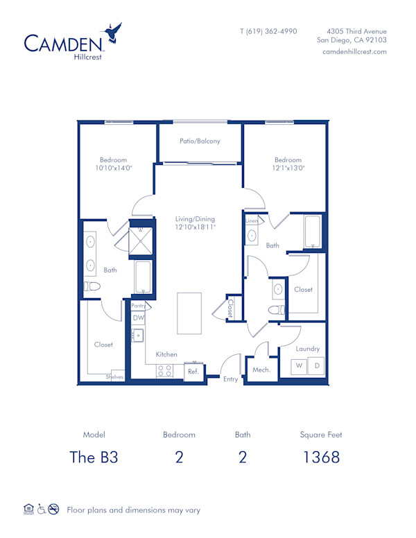 Camden Hillcrest apartments in San Diego, California two bedroom, two bath floor plan The B3