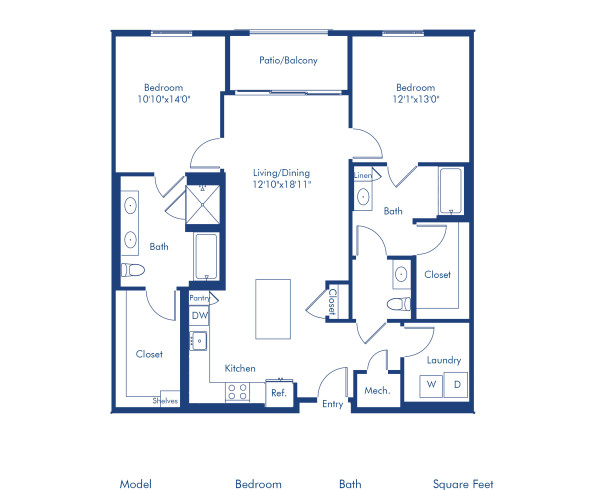Camden Hillcrest apartments in San Diego, California two bedroom, two bath floor plan The B3