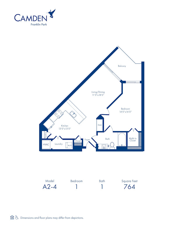 Camden Franklin Park apartments one bedroom floor plan A2-A
