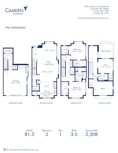 Blueprint of B1.3 Floor Plan, 2 bedroom and 3.5 bathroom apartment home at Camden Grandview Townhomes in Charlotte, NC