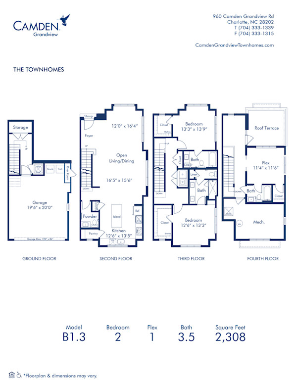 Blueprint of B1.3 Floor Plan, 2 bedroom and 3.5 bathroom apartment home at Camden Grandview Townhomes in Charlotte, NC