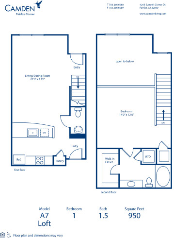 Blueprint of A7 Floor Plan, 1 Bedroom and 1.5 Bathrooms at Camden Fairfax Corner Apartments in Fairfax, VA