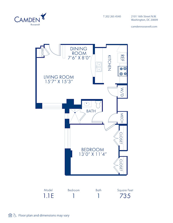 Blueprint of 1.1E Floor Plan, 1 Bedroom and 1 Bathroom at Camden Roosevelt Apartments in Washington, DC