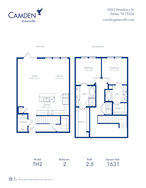 Camden Greenville apartments in Dallas, TX two bedroom, two and a half bathroom floor plan TH2 Flats