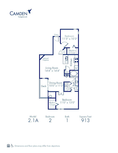 Blueprint of 2.1A Floor Plan, 2 Bedrooms and 1 Bathroom at Camden Sedgebrook Apartments in Huntersville, NC