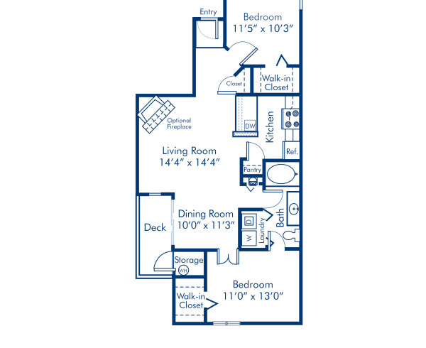 Blueprint of 2.1A Floor Plan, 2 Bedrooms and 1 Bathroom at Camden Sedgebrook Apartments in Huntersville, NC