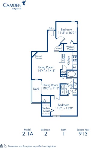 Blueprint of 2.1A Floor Plan, 2 Bedrooms and 1 Bathroom at Camden Sedgebrook Apartments in Huntersville, NC