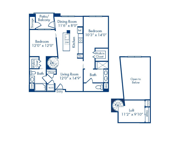 Blueprint of Water (Loft) Floor Plan, 2 Bedrooms and 2 Bathrooms at Camden Main and Jamboree Apartments in Irvine, CA