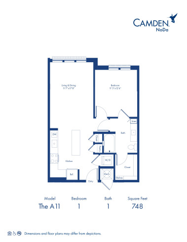 The A11 floor plan, 1 bed, 1 bath at Camden NoDa Apartments in Charlotte, NC