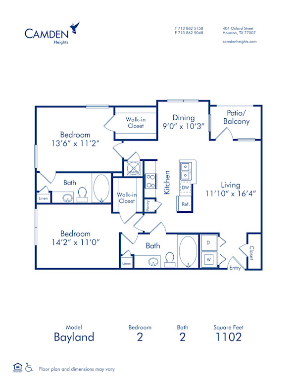 Blueprint of The Bayland Floor Plan, 2 Bedrooms and 2 Bathrooms at Camden Heights Apartments in Houston, TX