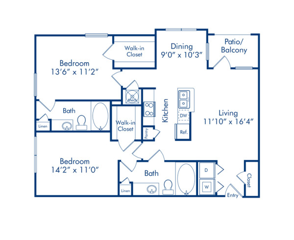 Blueprint of The Bayland Floor Plan, 2 Bedrooms and 2 Bathrooms at Camden Heights Apartments in Houston, TX
