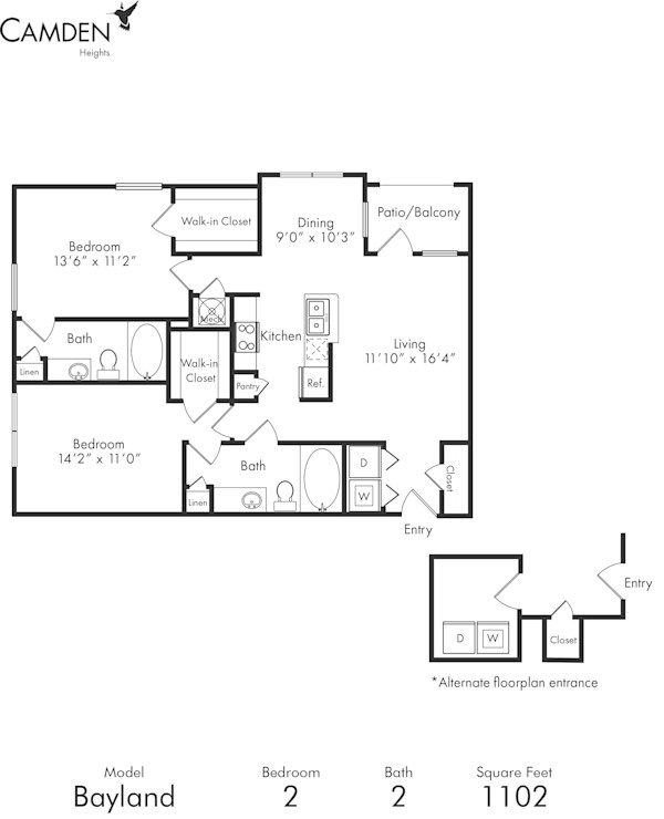 Blueprint of The Bayland Floor Plan, 2 Bedrooms and 2 Bathrooms at Camden Heights Apartments in Houston, TX