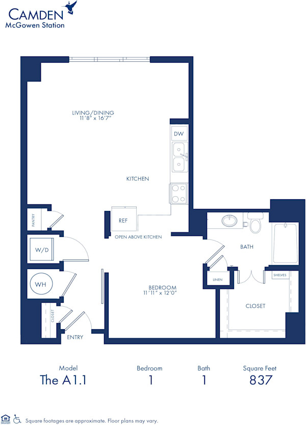 Blueprint of A1.1 Floor Plan, One Bedroom One Bathroom Apartment at Camden McGowen Station in Midtown Houston, TX