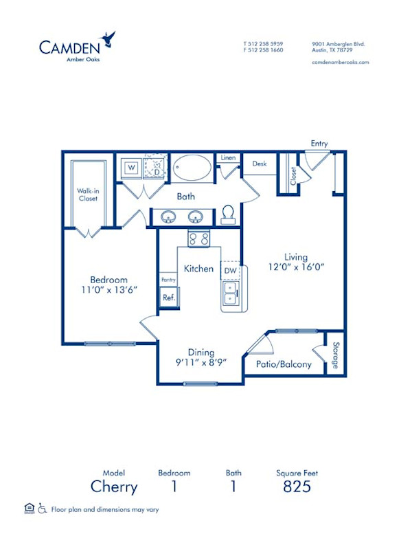 Blueprint of Cherry Floor Plan, 1 Bedroom and 1 Bathroom at Camden Amber Oaks Apartments in Austin, TX