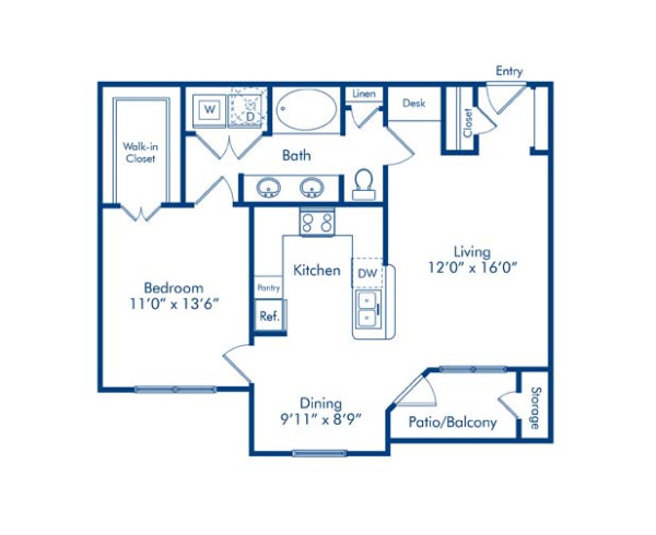 Blueprint of Cherry Floor Plan, 1 Bedroom and 1 Bathroom at Camden Amber Oaks Apartments in Austin, TX