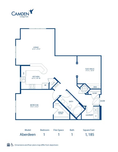 Blueprint of Aberdeen Floor Plan, 1 Bedroom and 1 Bathroom at Camden College Park Apartments in College Park, MD