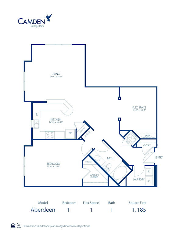 Blueprint of Aberdeen Floor Plan, 1 Bedroom and 1 Bathroom at Camden College Park Apartments in College Park, MD