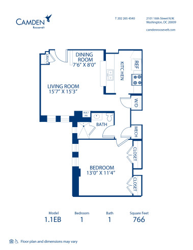 Blueprint of 1.1EB Floor Plan, 1 Bedroom and 1 Bathroom at Camden Roosevelt Apartments in Washington, DC