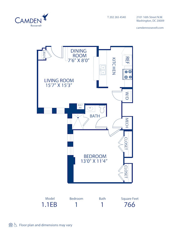 Blueprint of 1.1EB Floor Plan, 1 Bedroom and 1 Bathroom at Camden Roosevelt Apartments in Washington, DC