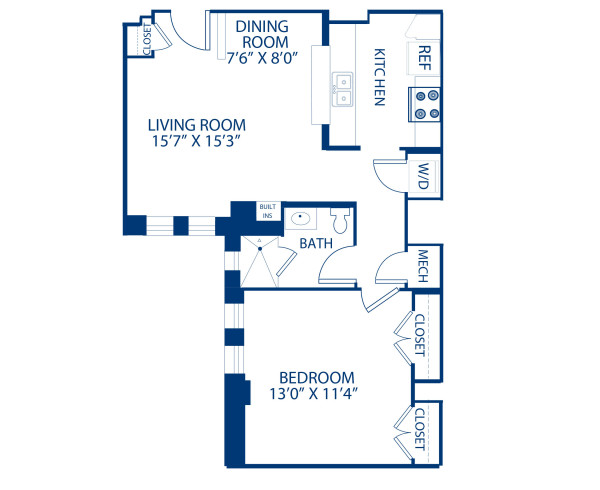 Blueprint of 1.1EB Floor Plan, 1 Bedroom and 1 Bathroom at Camden Roosevelt Apartments in Washington, DC