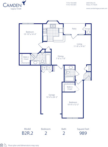 Blueprint of B2R.2 Floor Plan, 2 Bedrooms and 2 Bathrooms at Camden Legacy Creek Apartments in Plano, TX