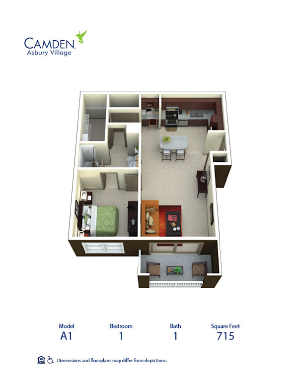 Camden Asbury A1 one bedroom floor plan - 3D