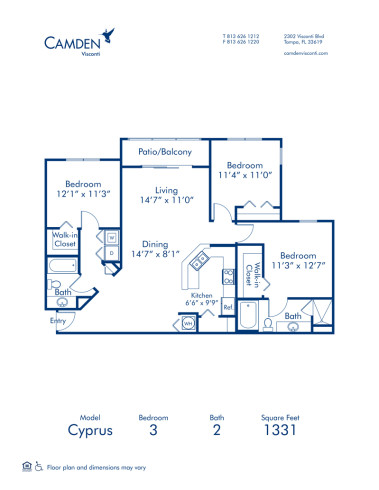 Blueprint of Cyprus Floor Plan, 3 Bedrooms and 2 Bathrooms at Camden Visconti Apartments in Tampa, FL