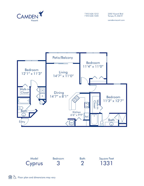 Blueprint of Cyprus Floor Plan, 3 Bedrooms and 2 Bathrooms at Camden Visconti Apartments in Tampa, FL