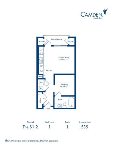 Camden North End apartments in Phoenix, Arizona studio floor plan S1.2