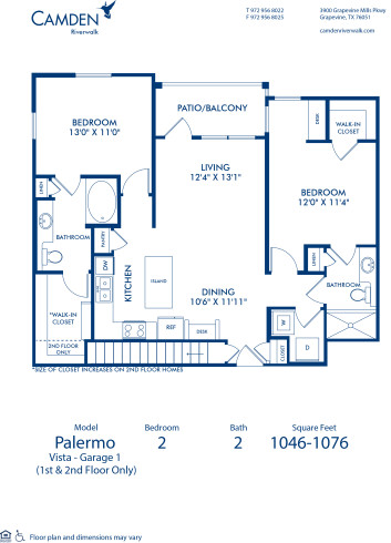 Blueprint of Palermo Vista  - Garage1 Floor Plan, 2 Bedrooms and 2 Bathrooms at Camden Riverwalk Apartments in Grapevine, TX