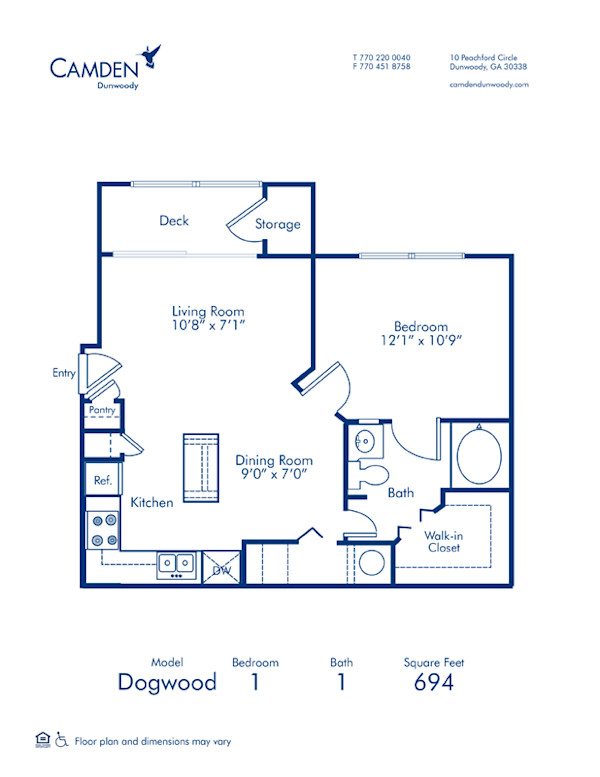 Blueprint of Dogwood Floor Plan, 1 Bedroom and 1 Bathroom at Camden Dunwoody Apartments in Dunwoody, GA