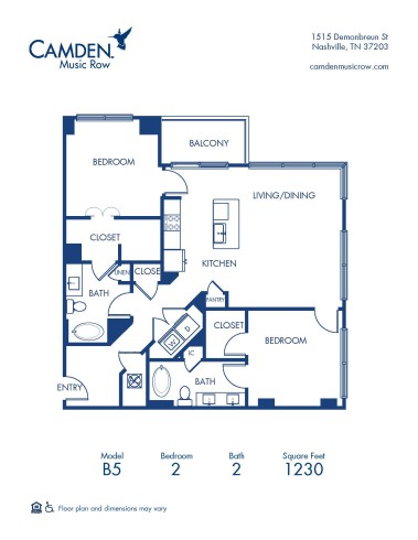 Camden Music Row Apartments, Nashville, TN, B5 2 bedroom 2 bathroom floor plan