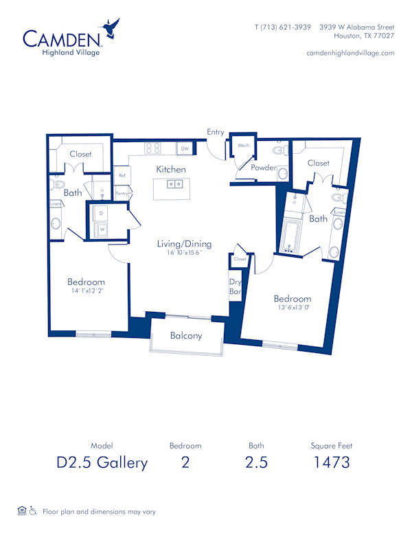Camden Highland Village apartments in Houston, TX Gallery two bedroom floor plan D2.5