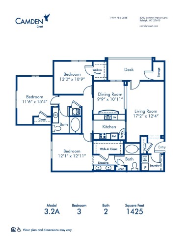 3 bed, 2 bath 3.2A floor plan at Camden Crest Apartments in Raleigh, NC