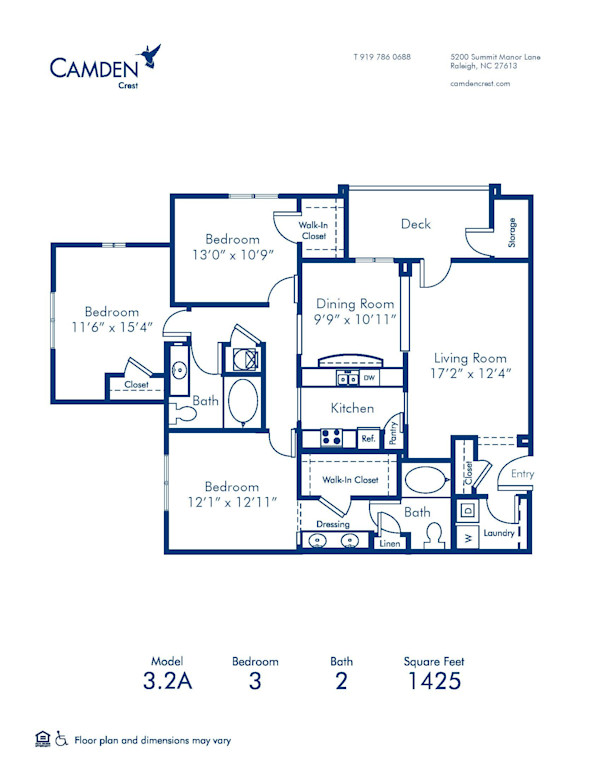 3 bed, 2 bath 3.2A floor plan at Camden Crest Apartments in Raleigh, NC