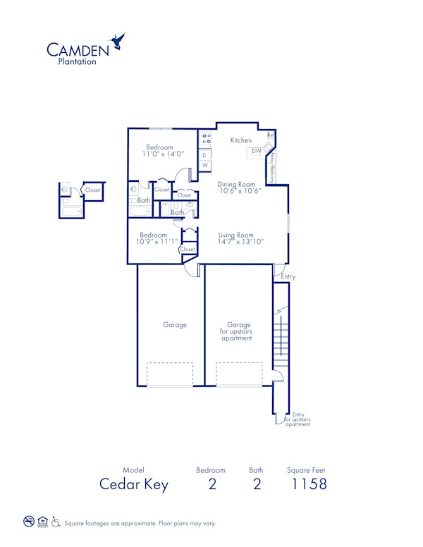 Blueprint of Cedar Key Floor Plan, Apartment Home with 2 Bedrooms and 2 Bathrooms at Camden Plantation in Plantation, FL
