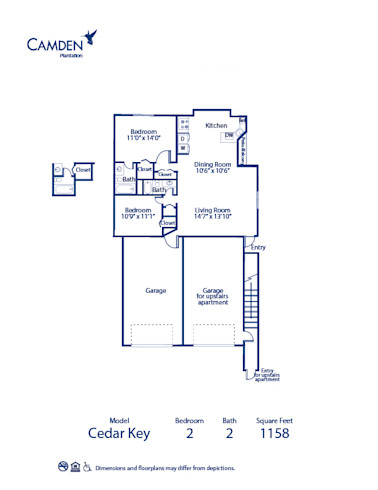 Blueprint of Cedar Key Floor Plan, Apartment Home with 2 Bedrooms and 2 Bathrooms at Camden Plantation in Plantation, FL