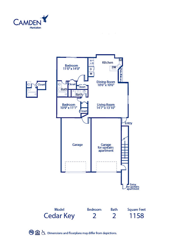 Blueprint of Cedar Key Floor Plan, Apartment Home with 2 Bedrooms and 2 Bathrooms at Camden Plantation in Plantation, FL