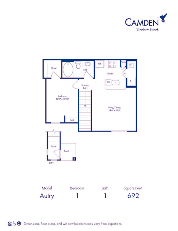 Blueprint of Autry Floor Plan, 1 Bedroom and 1 Bathroom at Camden Shadow Brook Apartments in Austin, TX