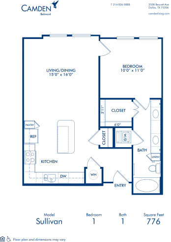 Blueprint of Sullivan Floor Plan, 1 Bedroom and 1 Bathroom at Camden Belmont Apartments in Dallas, TX